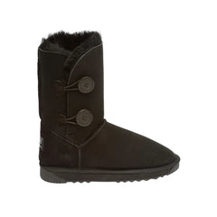Classic 2-Button Short UGG boots Black Color made in Australia from premium Australian double-face sheepskin with two decorative wood buttons, stylish short UGG boots for women, warm and cozy, water-resistant with durable sole for indoor and outdoor wear