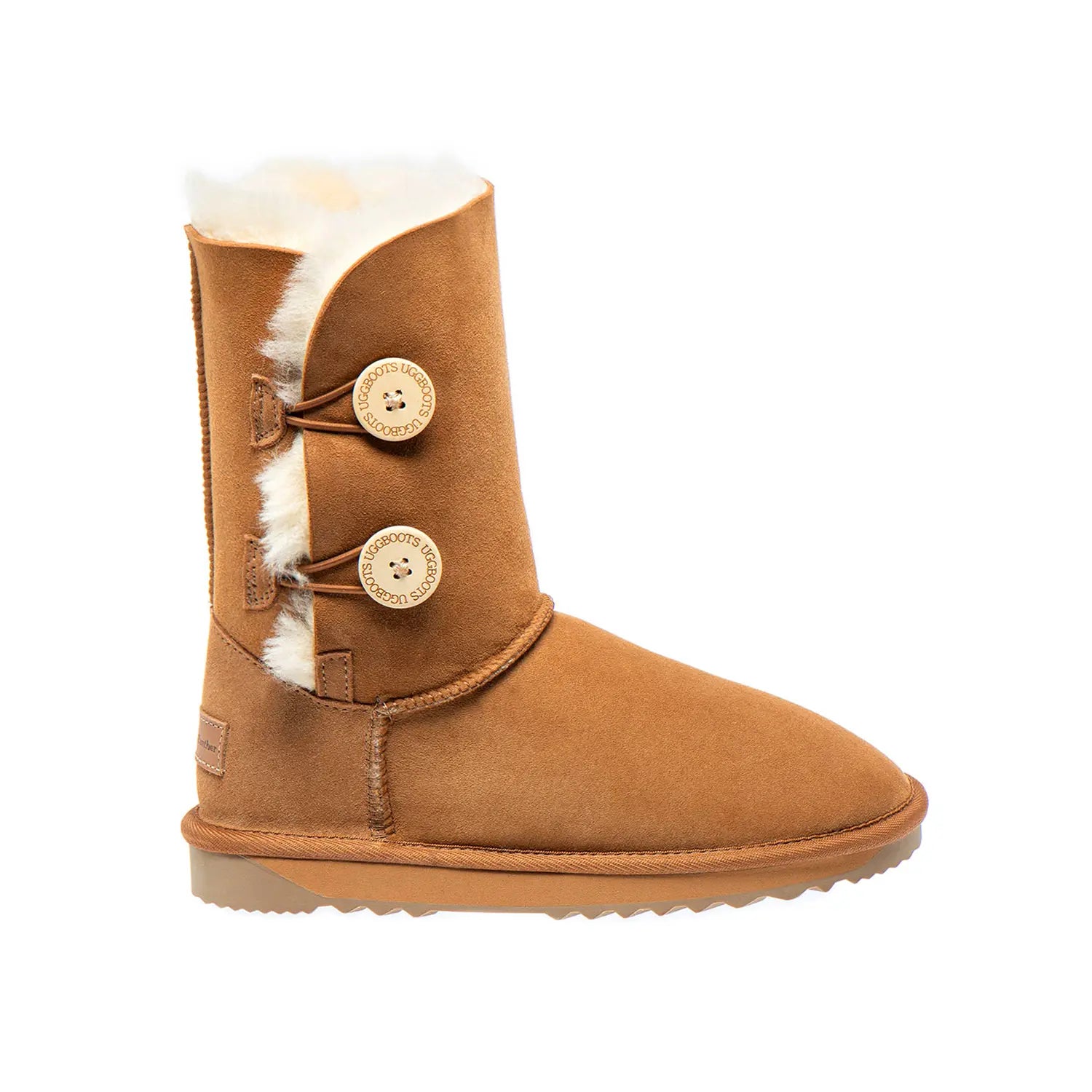Classic 2-Button Chestnut Color Short UGG boots made in Australia from premium Australian double-face sheepskin with two decorative wood buttons, stylish short UGG boots for women, warm and cozy, water-resistant with durable sole for indoor and outdoor wear