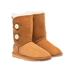 Classic 2-Button Short UGG boots Chestnut Color made in Australia from premium Australian double-face sheepskin with two decorative wood buttons, stylish short UGG boots for women, warm and cozy, water-resistant with durable sole for indoor and outdoor wear
