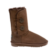 Classic 2-Button Short UGG boots Chocolate Color made in Australia from premium Australian double-face sheepskin with two decorative wood buttons, stylish short UGG boots for women, warm and cozy, water-resistant with durable sole for indoor and outdoor wear