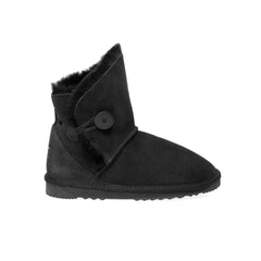 Alexandria premium UGG boots Black Color made in Australia with double-face sheepskin, tilted cut front design, decorative side button, stylish mini sheepskin boots for women, warm cozy and water-resistant.