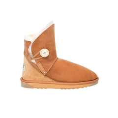 Alexandria premium UGG boots Chestnut Color made in Australia with double-face sheepskin, tilted cut front design, decorative side button, stylish mini sheepskin boots for women, warm cozy and water-resistant.