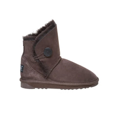 Alexandria premium UGG boots Chocolate Color made in Australia with double-face sheepskin, tilted cut front design, decorative side button, stylish mini sheepskin boots for women, warm cozy and water-resistant.