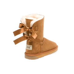 Classic Back Bows UGG boots Chestnut Color made in Australia from premium Australian double-face sheepskin with two satin ribbon bows at the back, stylish short fashion UGG boots for women, water-resistant, warm and cozy with durable EVA rubber sole for indoor and outdoor wear
