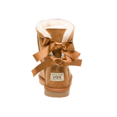 Classic Back Bows UGG boots Chestnut Color made in Australia from premium Australian double-face sheepskin with two satin ribbon bows at the back, stylish short fashion UGG boots for women, water-resistant, warm and cozy with durable EVA rubber sole for indoor and outdoor wear