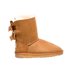 Classic Back Bows UGG boots Chestnut Color made in Australia from premium Australian double-face sheepskin with two satin ribbon bows at the back, stylish short fashion UGG boots for women, water-resistant, warm and cozy with durable EVA rubber sole for indoor and outdoor wear