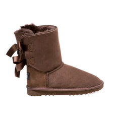 Chocolate Color made in Australia from premium Australian double-face sheepskin with two satin ribbon bows at the back, stylish short fashion UGG boots for women, water-resistant, warm and cozy with durable EVA rubber sole for indoor and outdoor wear
