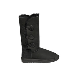 3-Button UGG boots made in Black Color Australia from premium Australian double-face sheepskin, stylish tall UGG boots with three decorative side buttons, warm and cozy sheepskin UGGs for women, water-resistant with durable sole for indoor and outdoor wear