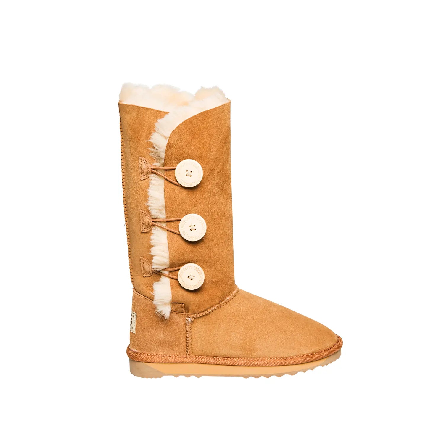 3-Button UGG boots made in Chestnut Color Australia from premium Australian double-face sheepskin, stylish tall UGG boots with three decorative side buttons, warm and cozy sheepskin UGGs for women, water-resistant with durable sole for indoor and outdoor wear
