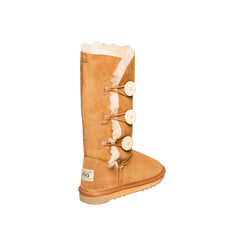 3-Button UGG boots made in Chestnut Color Australia from premium Australian double-face sheepskin, stylish tall UGG boots with three decorative side buttons, warm and cozy sheepskin UGGs for women, water-resistant with durable sole for indoor and outdoor wear