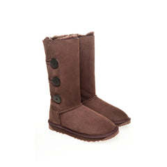 3-Button UGG boots made in Chocolate Color Australia from premium Australian double-face sheepskin, stylish tall UGG boots with three decorative side buttons, warm and cozy sheepskin UGGs for women, water-resistant with durable sole for indoor and outdoor wear