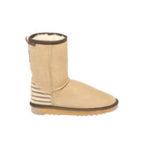 Henry UGG Boots Natural/Sand Color made in Australia from premium Australian double-face sheepskin, unisex short UGG boots with heel stripes and buckle detail, durable 2-ply EVA rubber sole, water-resistant warm and cozy sheepskin footwear for indoor and outdoor wear.