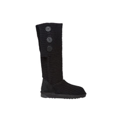 Knitted Tall UGG boots Black color made in Australia from premium Australian sheepskin with three decorative buttons, stylish tall fashion UGG boots for women, water-resistant, warm and cozy with durable EVA rubber sole for indoor and outdoor wear.