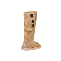 Knitted Tall UGG boots Chestnut color made in Australia from premium Australian sheepskin with three decorative buttons, stylish tall fashion UGG boots for women, water-resistant, warm and cozy with durable EVA rubber sole for indoor and outdoor wear.