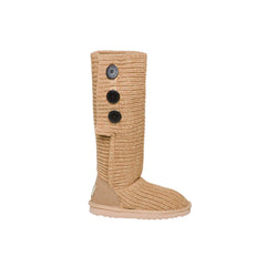 Knitted Tall UGG boots Chestnut color made in Australia from premium Australian sheepskin with three decorative buttons, stylish tall fashion UGG boots for women, water-resistant, warm and cozy with durable EVA rubber sole for indoor and outdoor wear.