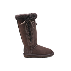 Lace Up Tall Sheepskin UGG boots Chocolate made in Australia from premium Australian double-face sheepskin with sheepskin trim and side lace-up design, classic tall fashion UGG boots for women, warm and cozy, water-resistant with durable sole for indoor and outdoor wear