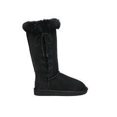 Lace Up Tall Sheepskin UGG boots Black Color made in Australia from premium Australian double-face sheepskin with sheepskin trim and side lace-up design, classic tall fashion UGG boots for women, warm and cozy, water-resistant with durable sole for indoor and outdoor wear