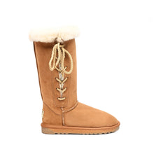 Lace Up Tall Sheepskin UGG boots Chestnut Color made in Australia from premium Australian double-face sheepskin with sheepskin trim and side lace-up design, classic tall fashion UGG boots for women, warm and cozy, water-resistant with durable sole for indoor and outdoor wear