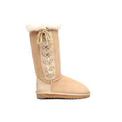 Lace Up Tall Sheepskin UGG boots Natural Color made in Australia from premium Australian double-face sheepskin with sheepskin trim and side lace-up design, classic tall fashion UGG boots for women, warm and cozy, water-resistant with durable sole for indoor and outdoor wear