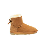 Mini Back Bows UGG Boots Chestnut Color made in Australia from premium Australian double-face sheepskin, short fashion sheepskin boots with satin ribbon bow detail, stylish water-resistant UGG boots with durable 2-ply EVA sole for indoor and outdoor wear