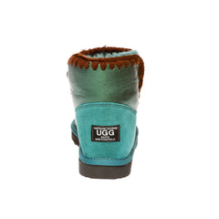 Classic Sheepskin Pebbles UGG boots Emeral Green Color made in Australia from premium Australian double-face sheepskin with rhinestone details and crochet seam border, stylish patent finish UGG boots for women, warm and cozy, water-resistant with durable sole for indoor and outdoor wear.