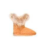 Short Top Foxy UGG Boots Chestnut Color made in Australia from premium Australian double-face sheepskin, stylish short UGG boots with foxy-fur trim, warm and cozy water-resistant sheepskin boots with durable EVA sole for indoor and outdoor wear