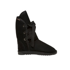 Roxy Nomad Short UGG boots Black Color made in Australia from premium Australian double-face sheepskin with front lace-up design, stylish short fashion UGG boots for women, warm and cozy, water-resistant with durable sole for indoor and outdoor wear