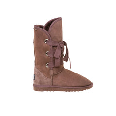 Roxy Nomad Short UGG boots Chocolate Color made in Australia from premium Australian double-face sheepskin with front lace-up design, stylish short fashion UGG boots for women, warm and cozy, water-resistant with durable sole for indoor and outdoor wear