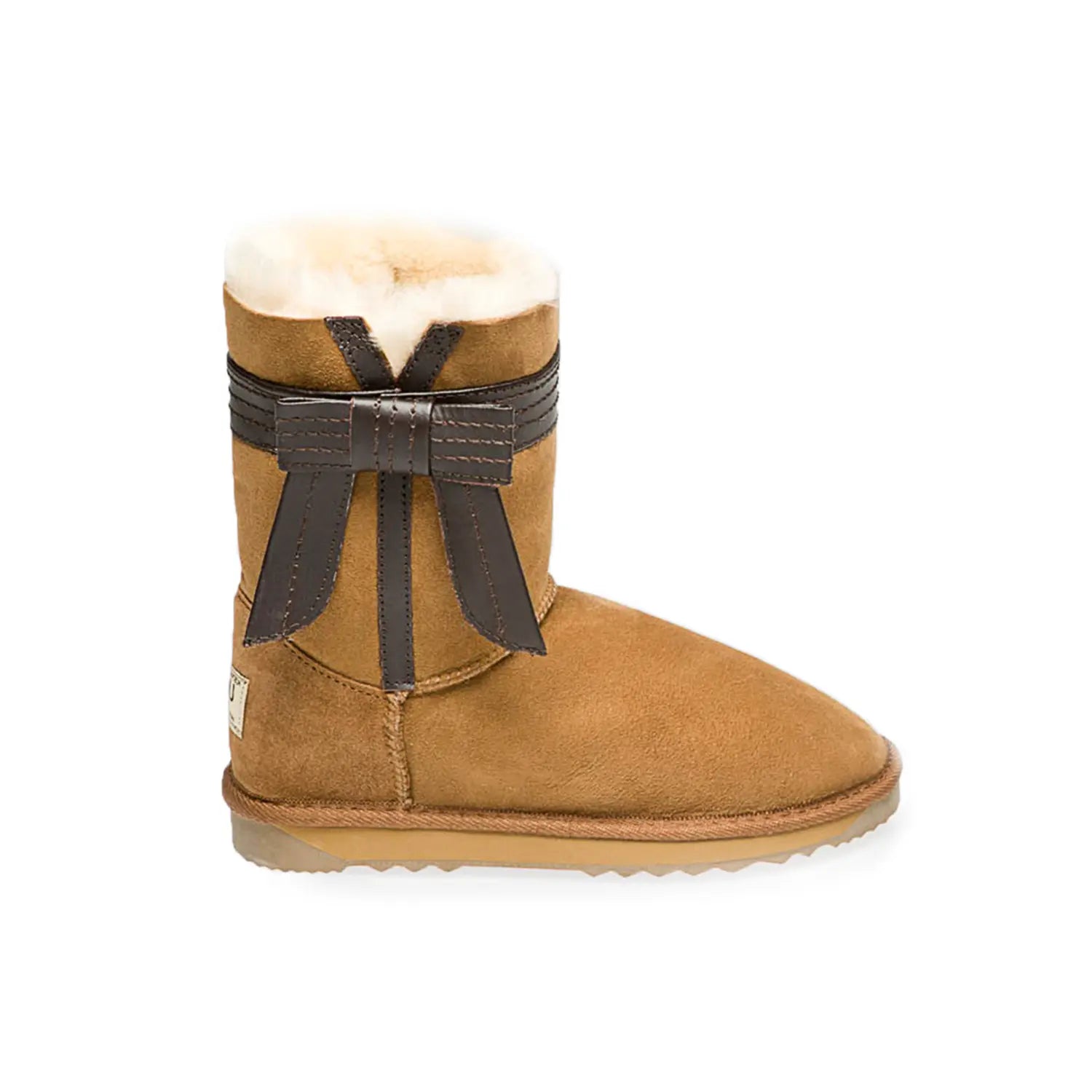 Side Bow UGG Boots Chestnut Color made in Australia from premium Australian double-face sheepskin, short fashion UGG boots with napa side bow detail, warm and cozy water-resistant sheepskin boots with durable EVA sole for indoor and outdoor wear