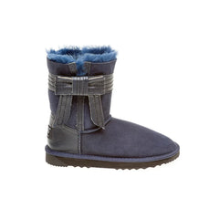 Side Bow UGG Boots Navy Color made in Australia from premium Australian double-face sheepskin, short fashion UGG boots with napa side bow detail, warm and cozy water-resistant sheepskin boots with durable EVA sole for indoor and outdoor wear.