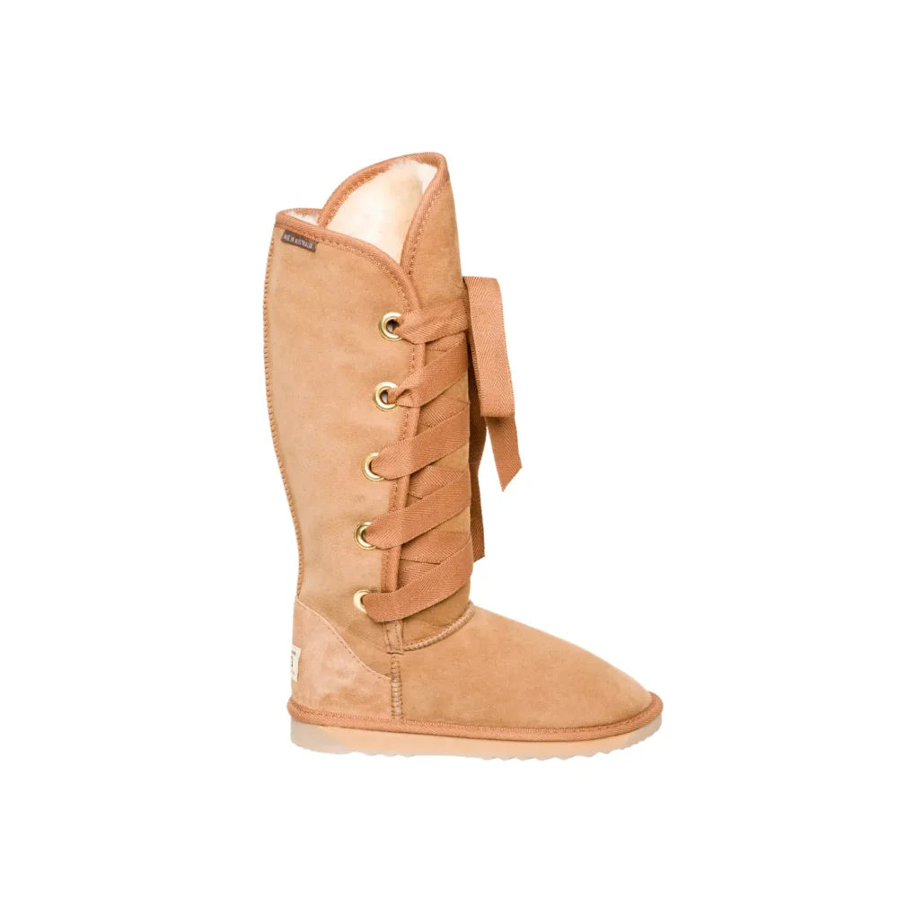 Tall Roxy Nomad UGG Boots Chestnut Color Australia made, premium sheepskin lace up UGG boots for women, authentic Australian craftsmanship, cozy and stylish tall sheepskin boots