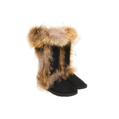 Tall Foxy UGG boots made Black Color in Australia from premium Australian double-face sheepskin with foxy fur trimming, stylish long sheepskin boots for women, water-resistant UGGs with durable EVA sole, warm and cozy luxury UGG boots for indoor and outdoor wear.