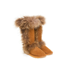 Tall Foxy UGG boots made Chestnut Color in Australia from premium Australian double-face sheepskin with foxy fur trimming, stylish long sheepskin boots for women, water-resistant UGGs with durable EVA sole, warm and cozy luxury UGG boots for indoor and outdoor wear.
