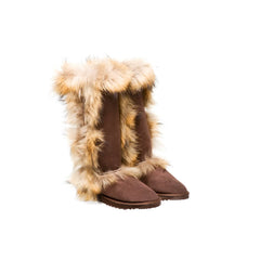 Tall Foxy UGG boots made Chocolate Color in Australia from premium Australian double-face sheepskin with foxy fur trimming, stylish long sheepskin boots for women, water-resistant UGGs with durable EVA sole, warm and cozy luxury UGG boots for indoor and outdoor wear.