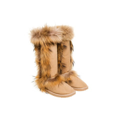 Tall Foxy UGG boots made Natural Color in Australia from premium Australian double-face sheepskin with foxy fur trimming, stylish long sheepskin boots for women, water-resistant UGGs with durable EVA sole, warm and cozy luxury UGG boots for indoor and outdoor wear.