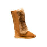 Tall Kangaroo UGG boots Chestnut Color made in Australia from premium Australian double-face sheepskin with natural kangaroo fur trim, authentic long fashion UGG boots for men and women, warm and cozy, water-resistant, durable sole for indoor and outdoor wear