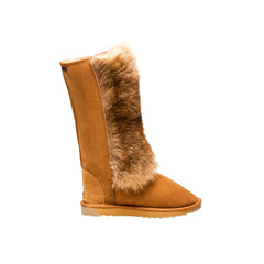 Tall Kangaroo UGG boots Chestnut Color made in Australia from premium Australian double-face sheepskin with natural kangaroo fur trim, authentic long fashion UGG boots for men and women, warm and cozy, water-resistant, durable sole for indoor and outdoor wear
