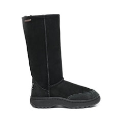Tall outdoor unisex UGG boots Black Color made in Australia with premium double-face sheepskin, dual outdoor rubber sole, water-resistant sheepskin, durable heel support, warm and cozy boots for walking and rough surfaces.