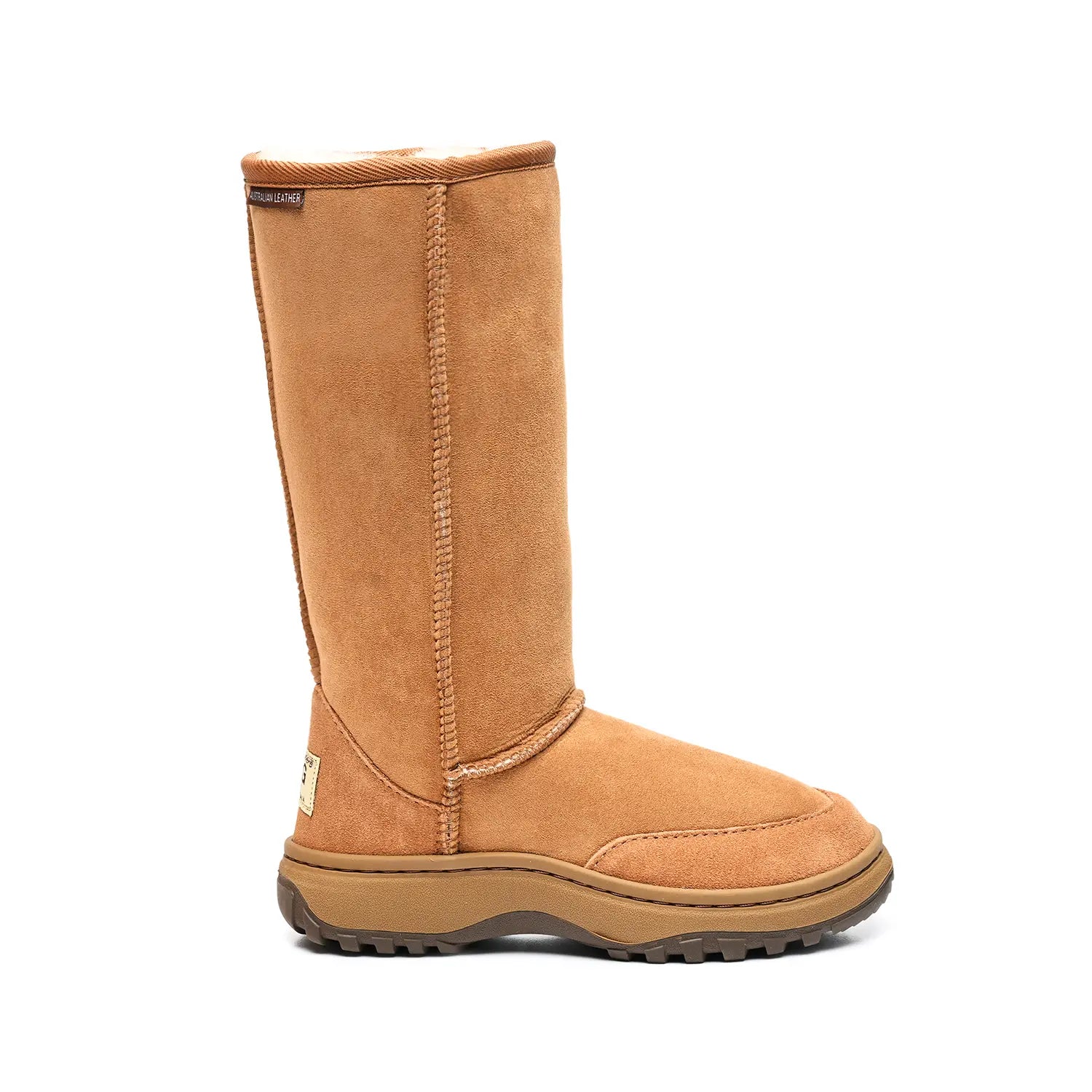 Tall outdoor unisex UGG boots Chestnut Color made in Australia with premium double-face sheepskin, dual outdoor rubber sole, water-resistant sheepskin, durable heel support, warm and cozy boots for walking and rough surfaces.