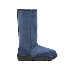 Tall outdoor unisex UGG boots Navy Color made in Australia with premium double-face sheepskin, dual outdoor rubber sole, water-resistant sheepskin, durable heel support, warm and cozy boots for walking and rough surfaces.