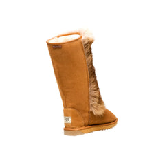 Tall Kangaroo UGG Chestnut Color boots made in Australia from premium Australian double-face sheepskin with natural kangaroo fur trim, authentic long fashion UGG boots for men and women, warm and cozy, water-resistant, durable sole for indoor and outdoor wear