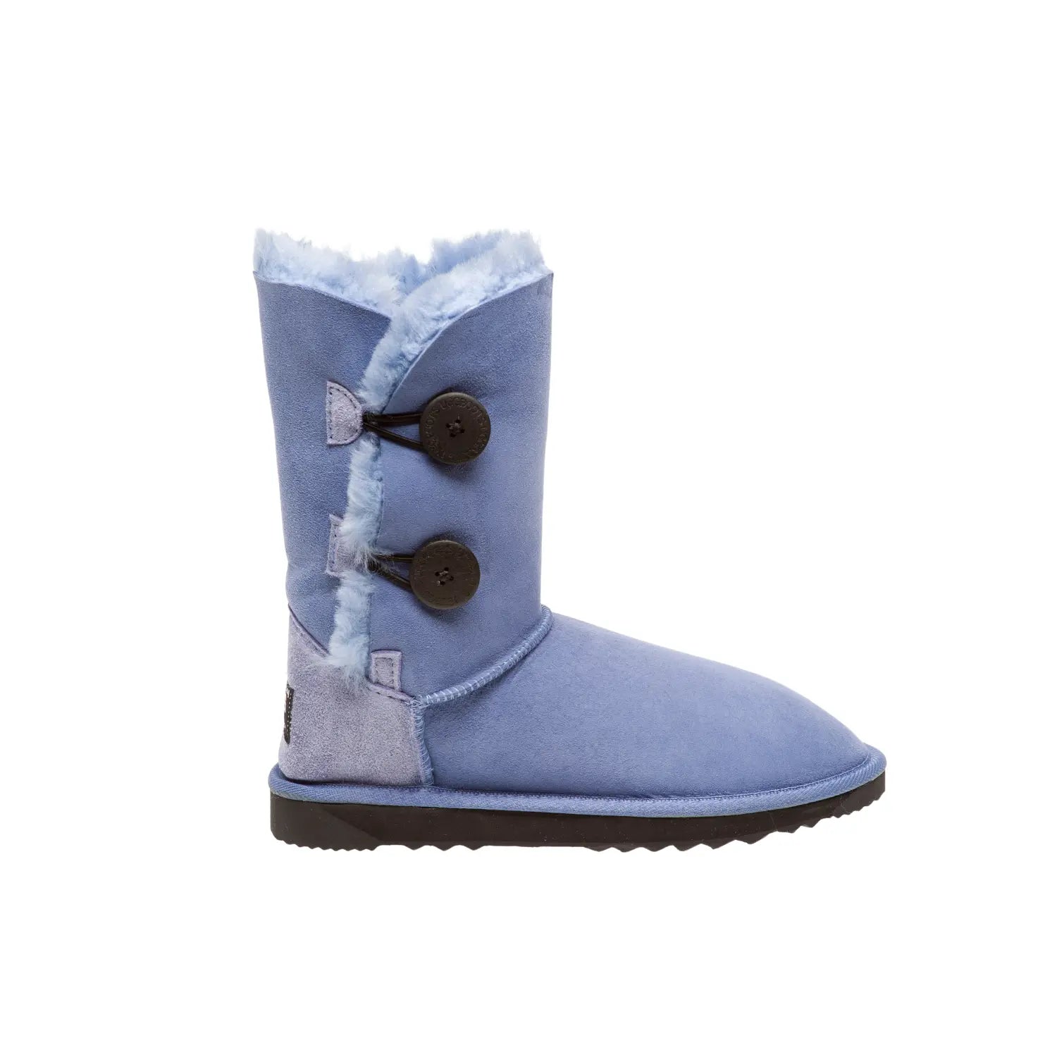 Classic 2-Button Short UGG boots Country Blue Color made in Australia from premium Australian double-face sheepskin with two decorative wood buttons, stylish short UGG boots for women, warm and cozy, water-resistant with durable sole for indoor and outdoor wear