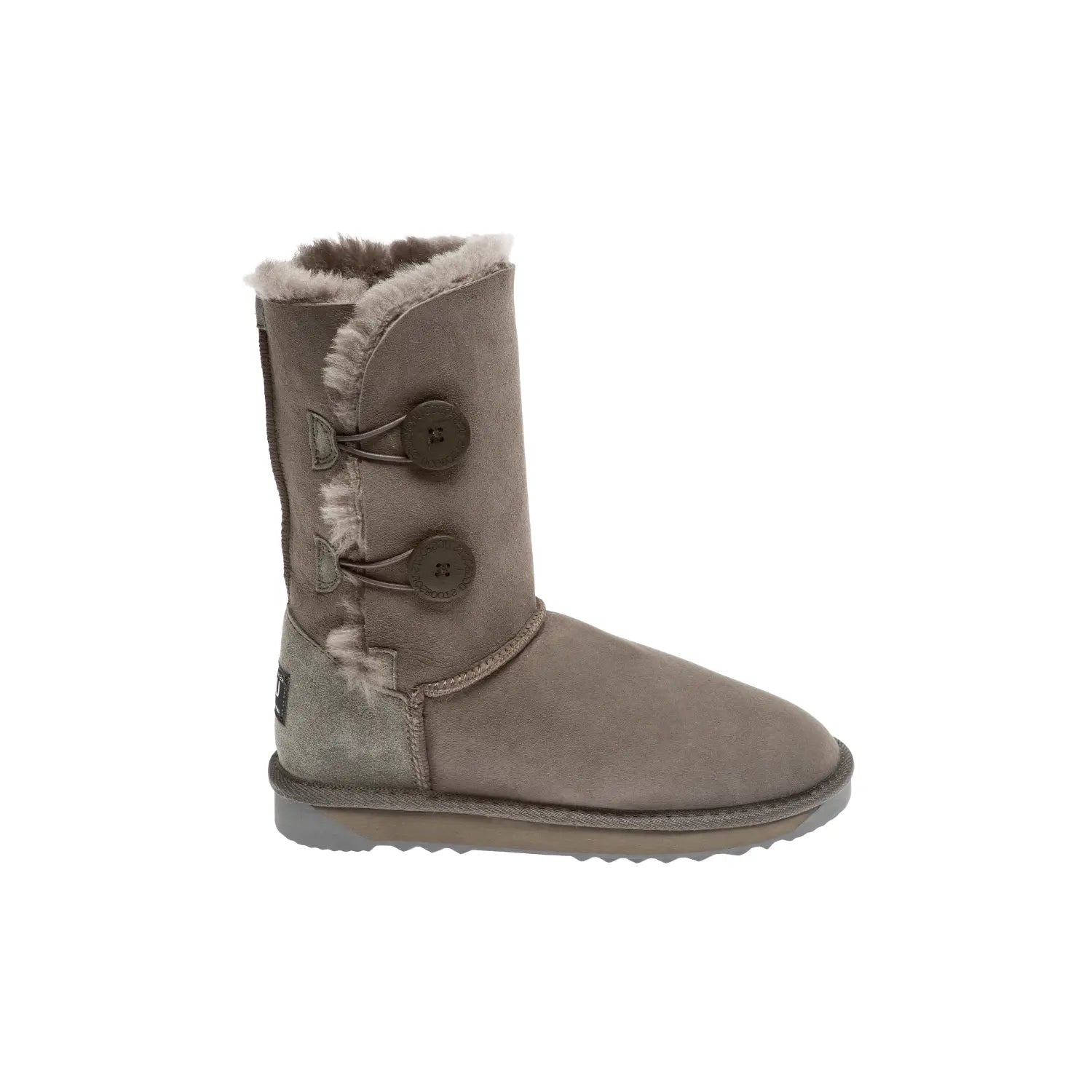 Classic 2-Button Short UGG boots Grey Color made in Australia from premium Australian double-face sheepskin with two decorative wood buttons, stylish short UGG boots for women, warm and cozy, water-resistant with durable sole for indoor and outdoor wear