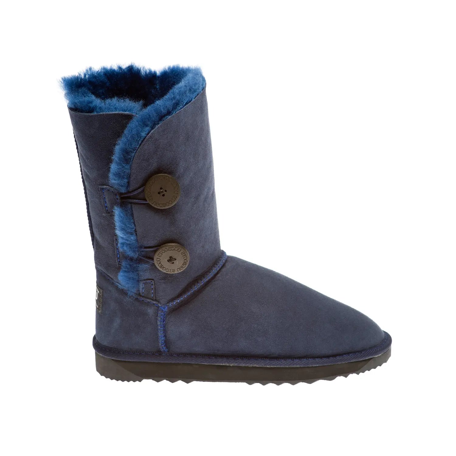 Classic 2-Button Short UGG boots Navy Color made in Australia from premium Australian double-face sheepskin with two decorative wood buttons, stylish short UGG boots for women, warm and cozy, water-resistant with durable sole for indoor and outdoor wear
