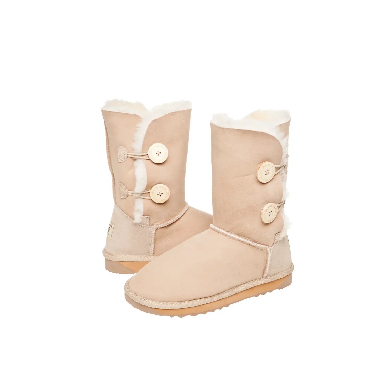 Classic 2-Button Short UGG boots Natural/Sand Color made in Australia from premium Australian double-face sheepskin with two decorative wood buttons, stylish short UGG boots for women, warm and cozy, water-resistant with durable sole for indoor and outdoor wear