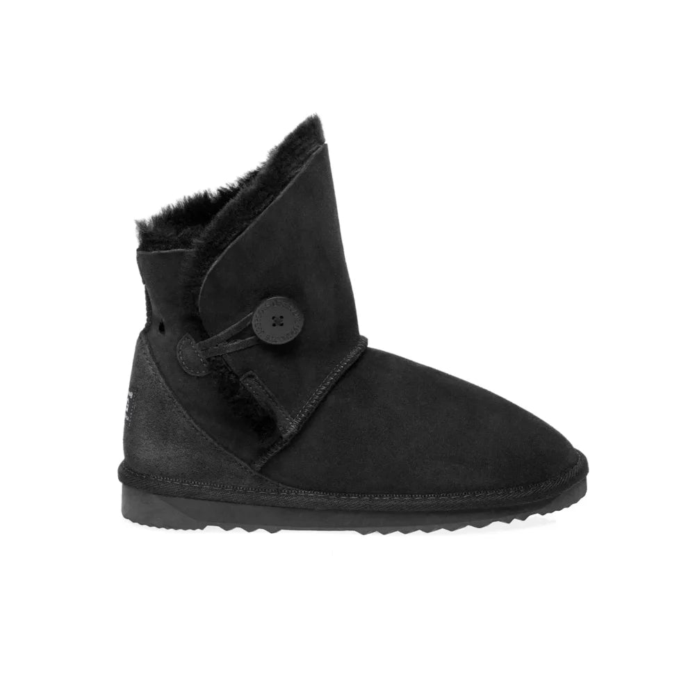 Alexandria premium UGG boots Black Color made in Australia with double-face sheepskin, tilted cut front design, decorative side button, stylish mini sheepskin boots for women, warm cozy and water-resistant.