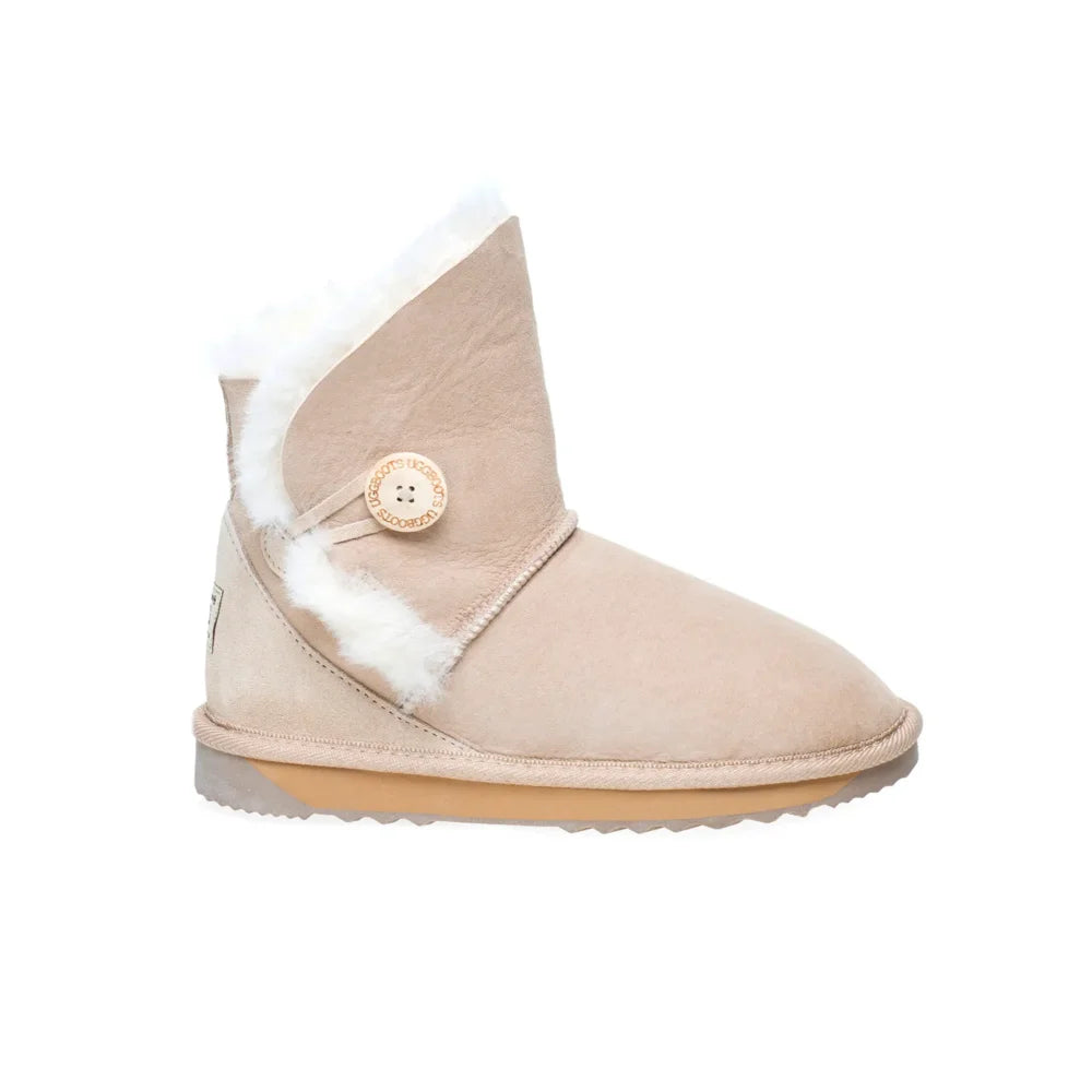 Alexandria premium UGG boots Natural/Sand Color made in Australia with double-face sheepskin, tilted cut front design, decorative side button, stylish mini sheepskin boots for women, warm cozy and water-resistant.