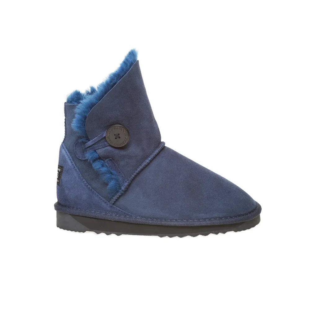 Alexandria premium UGG boots Navy Color made in Australia with double-face sheepskin, tilted cut front design, decorative side button, stylish mini sheepskin boots for women, warm cozy and water-resistant.