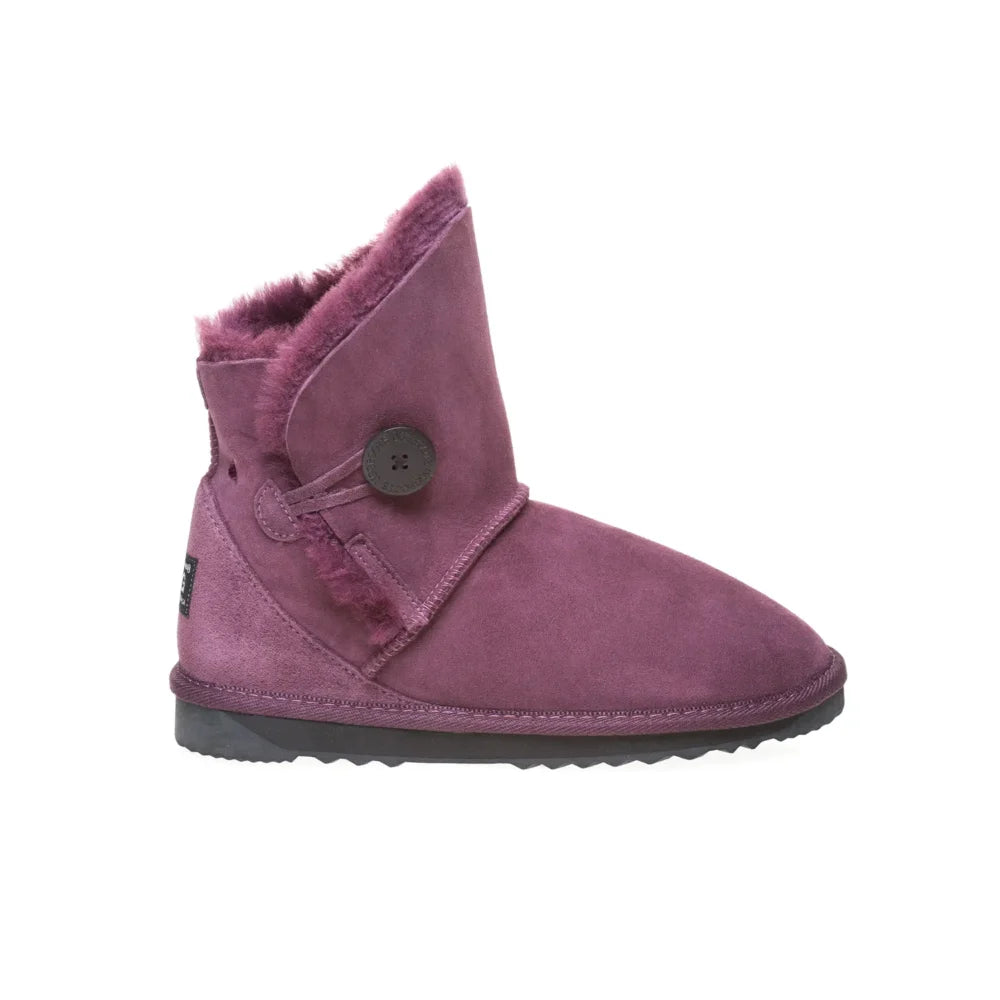 Alexandria premium UGG boots Raisen Color made in Australia with double-face sheepskin, tilted cut front design, decorative side button, stylish mini sheepskin boots for women, warm cozy and water-resistant.