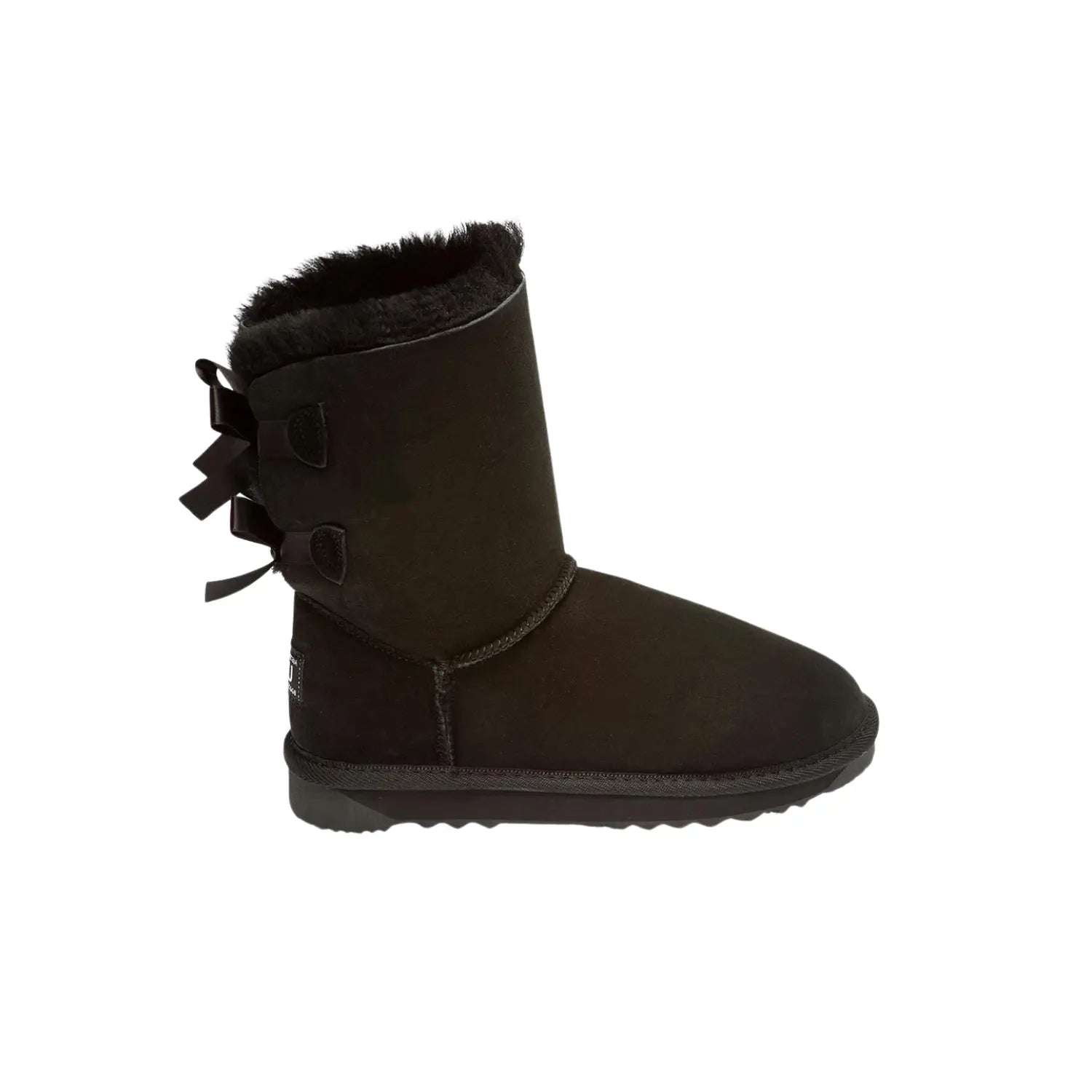 Classic Back Bows UGG boots Black Color made in Australia from premium Australian double-face sheepskin with two satin ribbon bows at the back, stylish short fashion UGG boots for women, water-resistant, warm and cozy with durable EVA rubber sole for indoor and outdoor wear